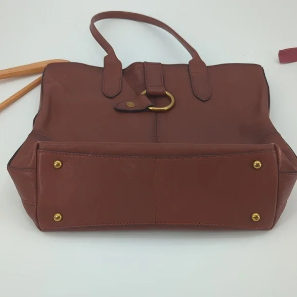 FRYE Cognac Brown Leather Ring Tote Handbag Purse Bag Carryall Large